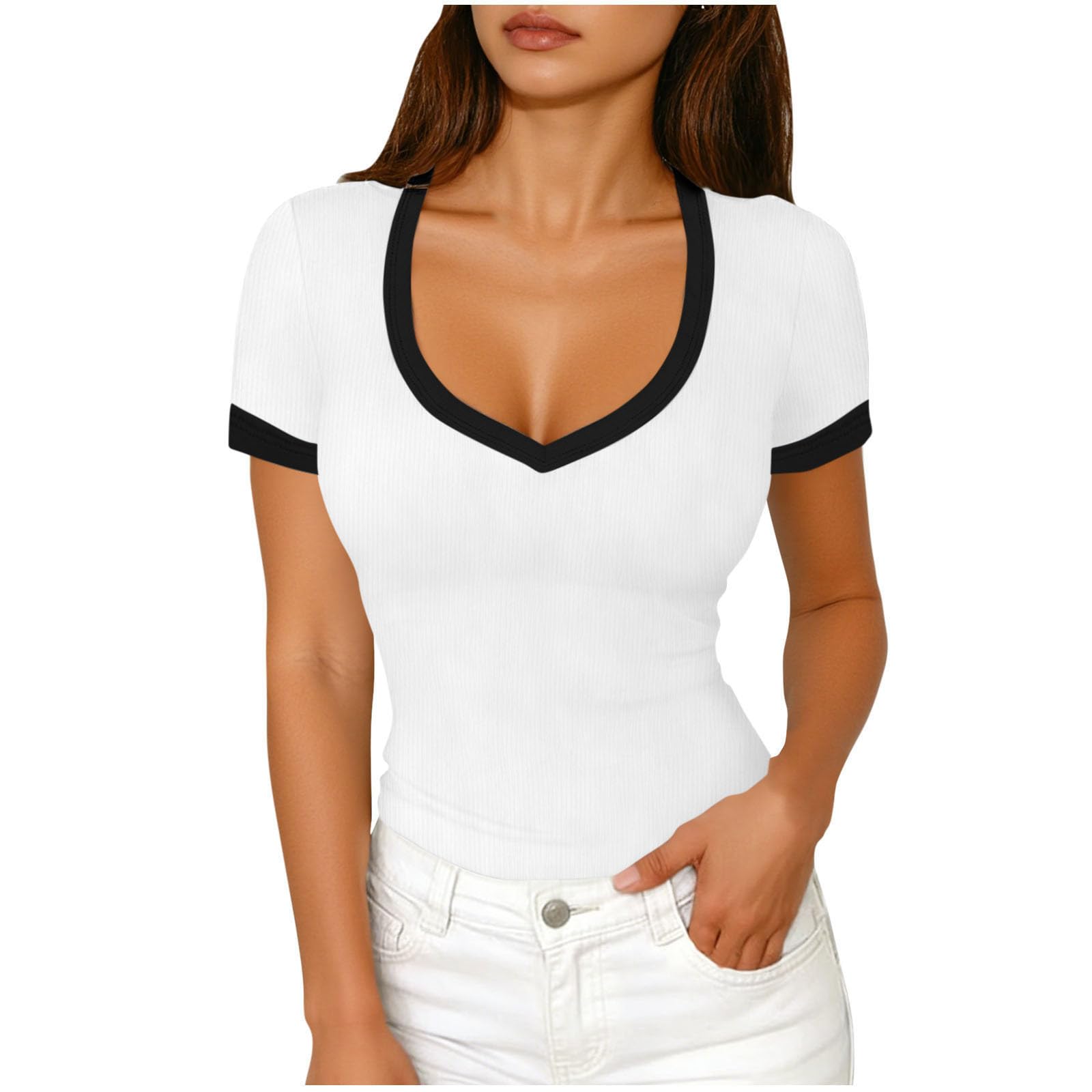 

Women s Fashionable Ribbed -Color Versatile Short-Sleeve Top XL білий