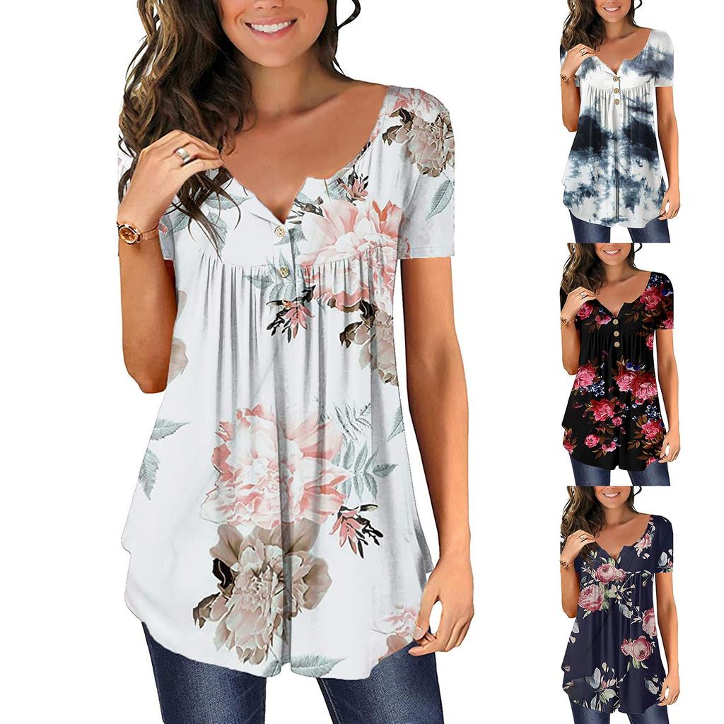 Women's Summer Casual Flower Print Short-sleeved Loose A-line Swing Top