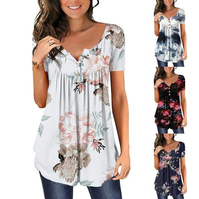 Damen Sommer Freizeit Blumenmuster Kurzarm Locker A-Linien Swing Top