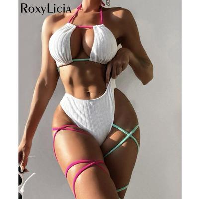 Bein Wrap Um Halter Mid Taille Bikini Weiblichen Badeanzug Frauen Bademode Zwei-stück Bikini set Badende Badeanzug Schwimmen dame