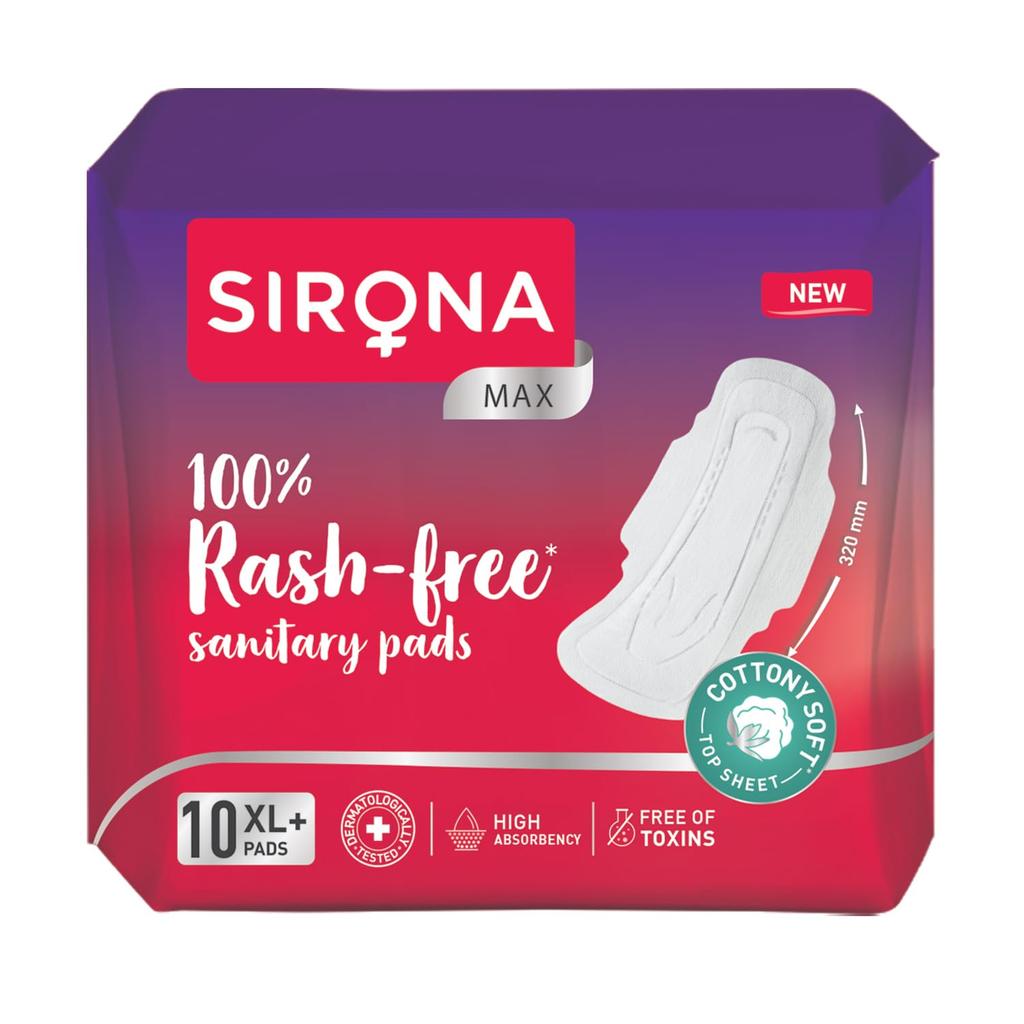 Sirona Max Sanitary Pads for Women | XL Plus (Pack of 10 Pads) | 100% Rash Free & Toxic-Free | Organic Cotton Sanitary Pad | Up to 0% Leakage, Co
