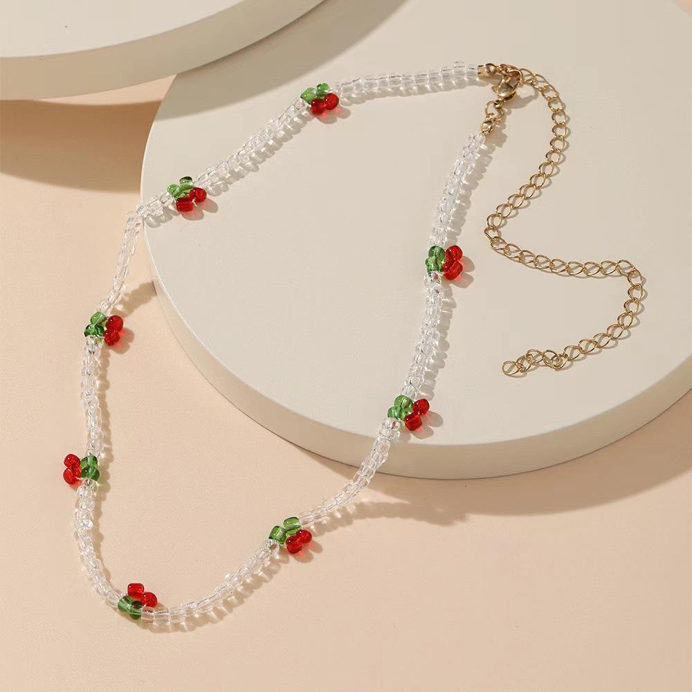 Women's Clavicle Necklace Set: White Rice Beads, ABS Pearl, Shell, Soft Clay Flower, Cherry Pendant