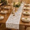 High Quality Embroidered Table Linen Floral Runner Elegant Dining Cover White Rustic Scratch Resistant Runner with Tassels for Home Wedding