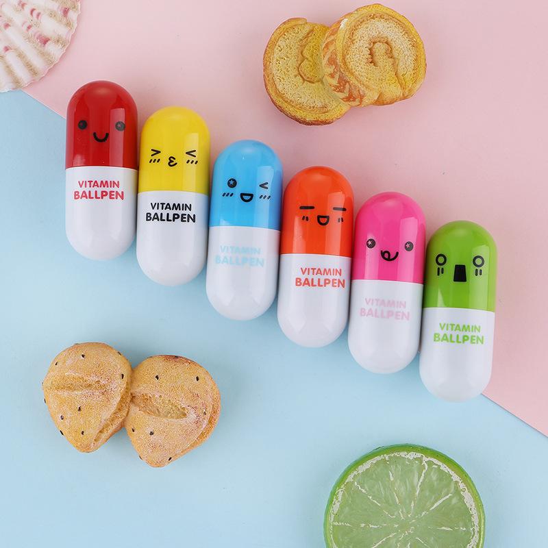1Pc Smiling Face Pill Ball Point Pen Pencils Telescopic Capsule Ballpen Mini Ballpoint Pen Ballpoint Pen Carbon Black 0.5mm Quick Drying Pen