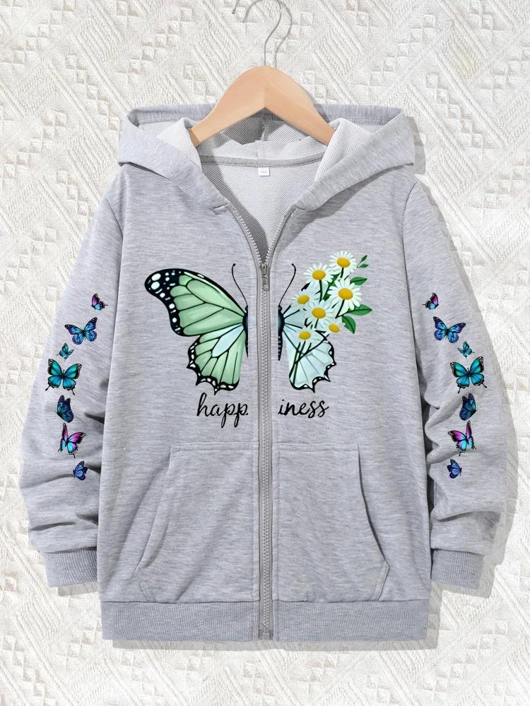 Girls Zip Up Hooded Jacket Green Butterfly Daisy Happiness Letter Print Long Sleeve Casual Kids Hoodie For Daily Outdoor Outfit