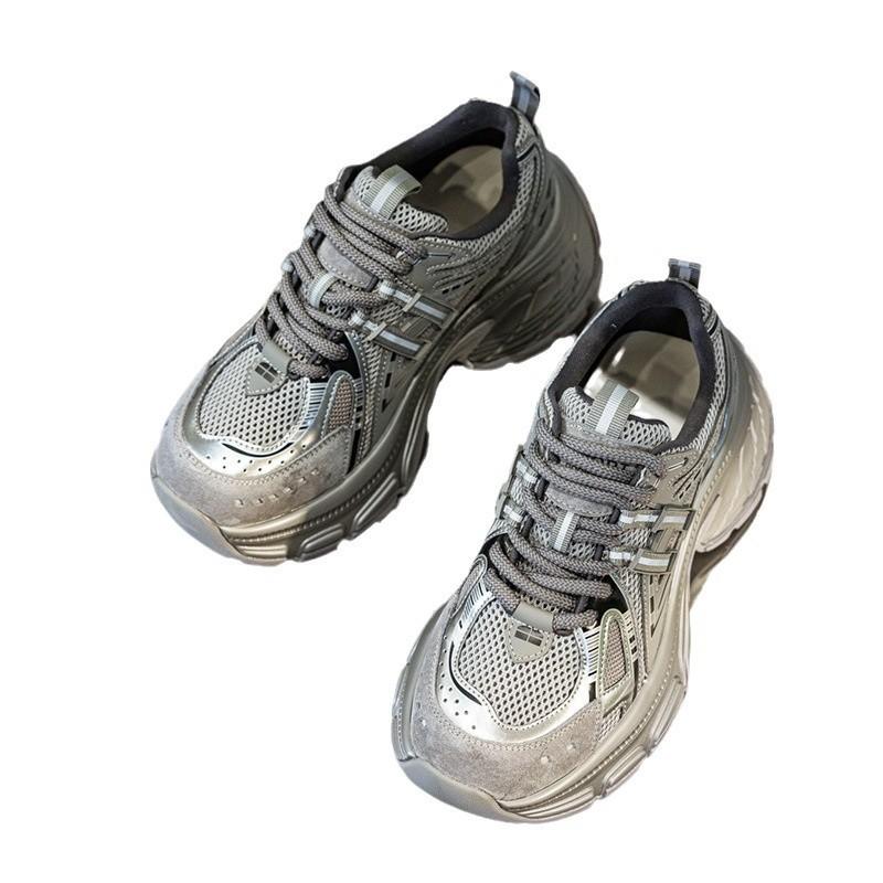 Spring silver dad shoes women's muffin thick sole increases height and shows small feet, breathable and versatile casual sports shoes