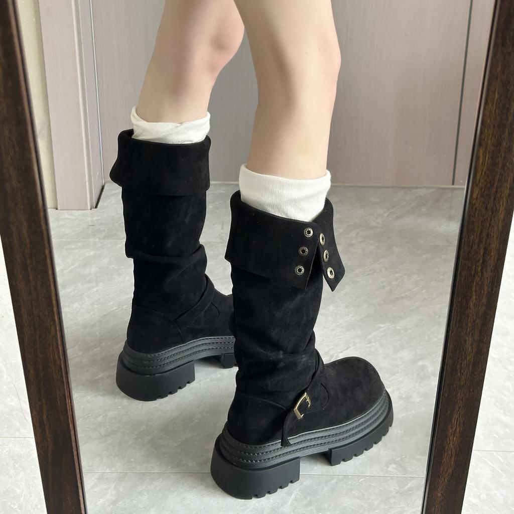 Queen Fan Retro Thick-soled Thick-heeled Heightened Boots for Women's Autumn 2025 New Models with Skirts and Thin Knight Boots