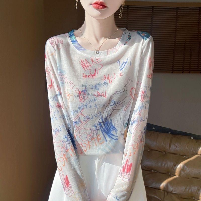 Women's Summer Knitwear Thin Print Pullover Knit Top Long Sleeve Sweater