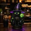 Vintage Carved Base Nightstand Lamp Black Cat Witch Hat Table Lamp, with Dreamy Purple Light, Gothic Retro Halloween Ornament, for Bedroom Bedside