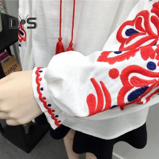 Summer Shirt Women Ethnic Style Embroidered Pattern Pullover Tops Round Neck Lantern Sleeve Loose Fit Blouse