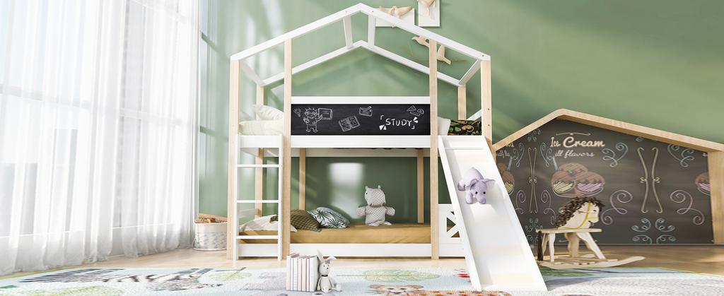 (=517234AAW) Children's Bed Treehouse with Slide & Ladder 90 X 200 Cm, Loft Bed for Children – 2x Slatted Frame - Natural & White