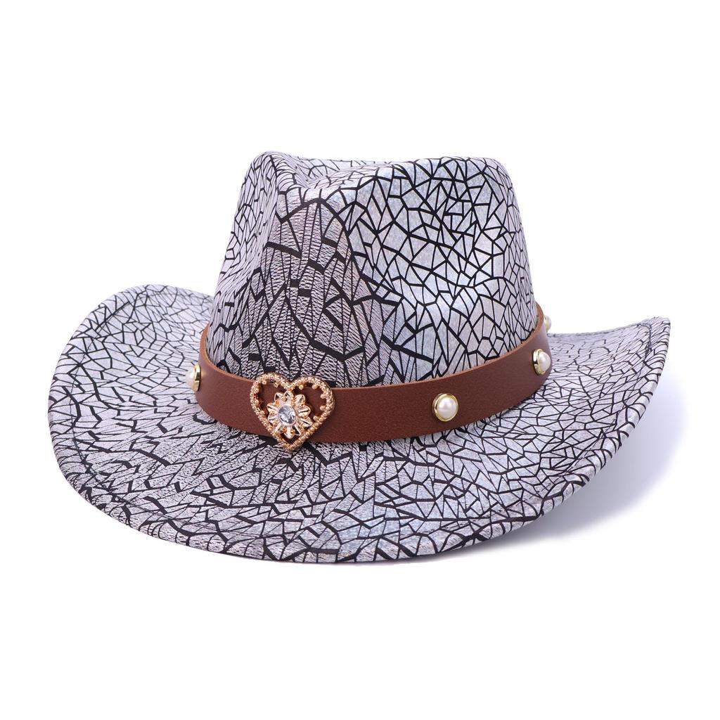 European And American Bright Cracked Western Cowboy Hat Metal Belt Decorative Hat Women'S British Retro Jazz Top Hat