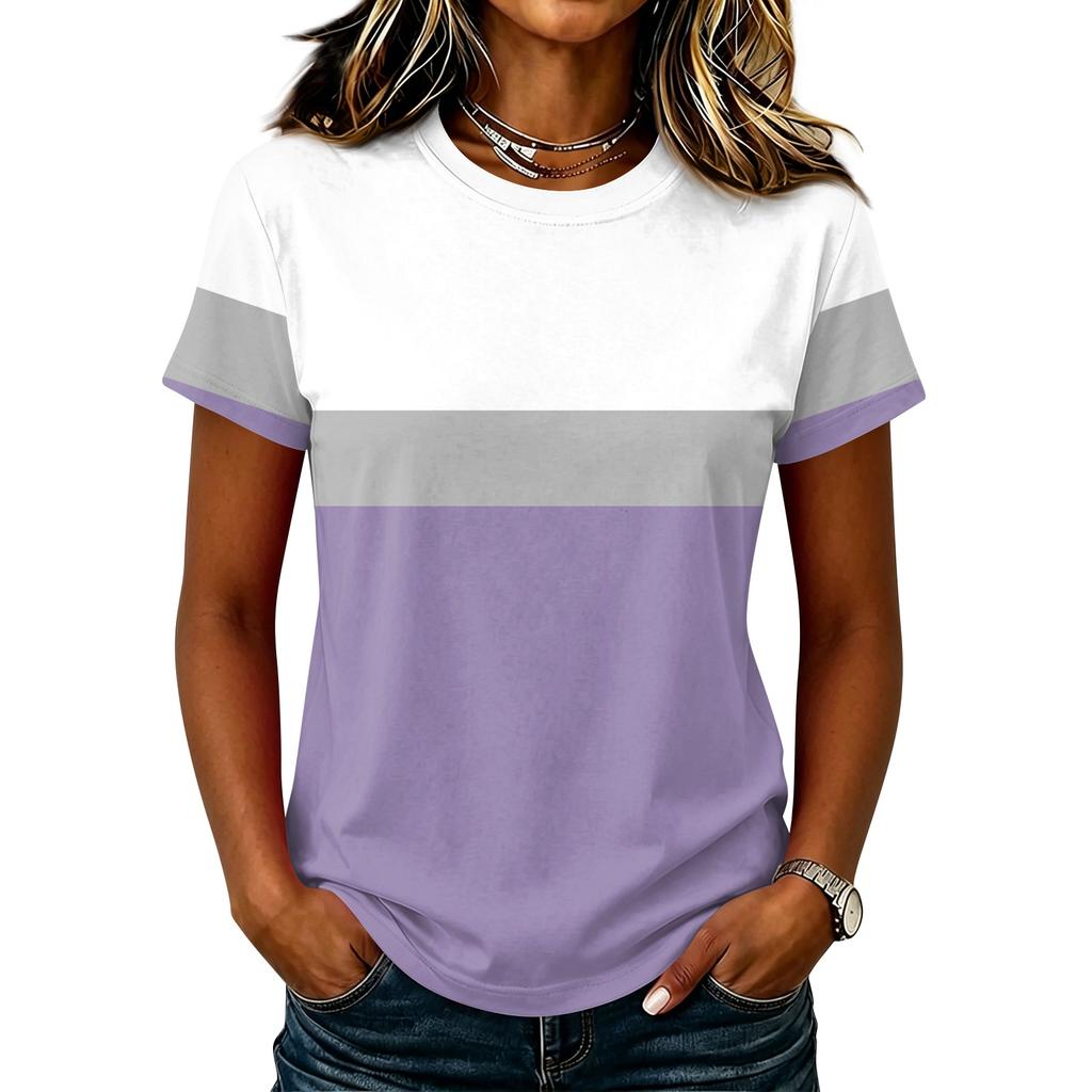 Dames Casual Pullover Korte Mouw T-shirt Kleurblok Bedrukt Top Ronde Hals Lichtgewicht Zachte Stof