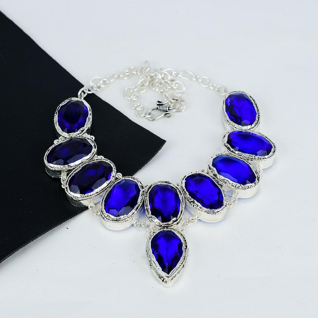 Blue Sapphire Gemstone Handmade 925 Sterling Silver Electroform Necklace, Blue Sapphire Silver For Wife Unisex Necklace, Gift For Mom