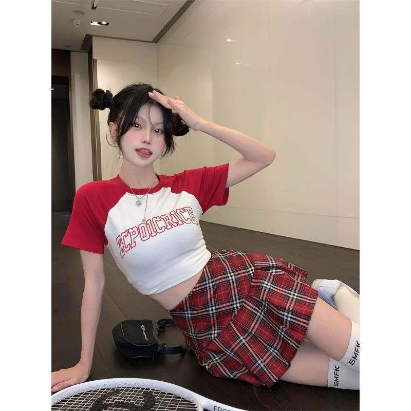 Preppy Plaid Pleated Skirt Red Women Summer Vintage Korean Style High Waist Patchwork A-line Mini Skirt Harajuku