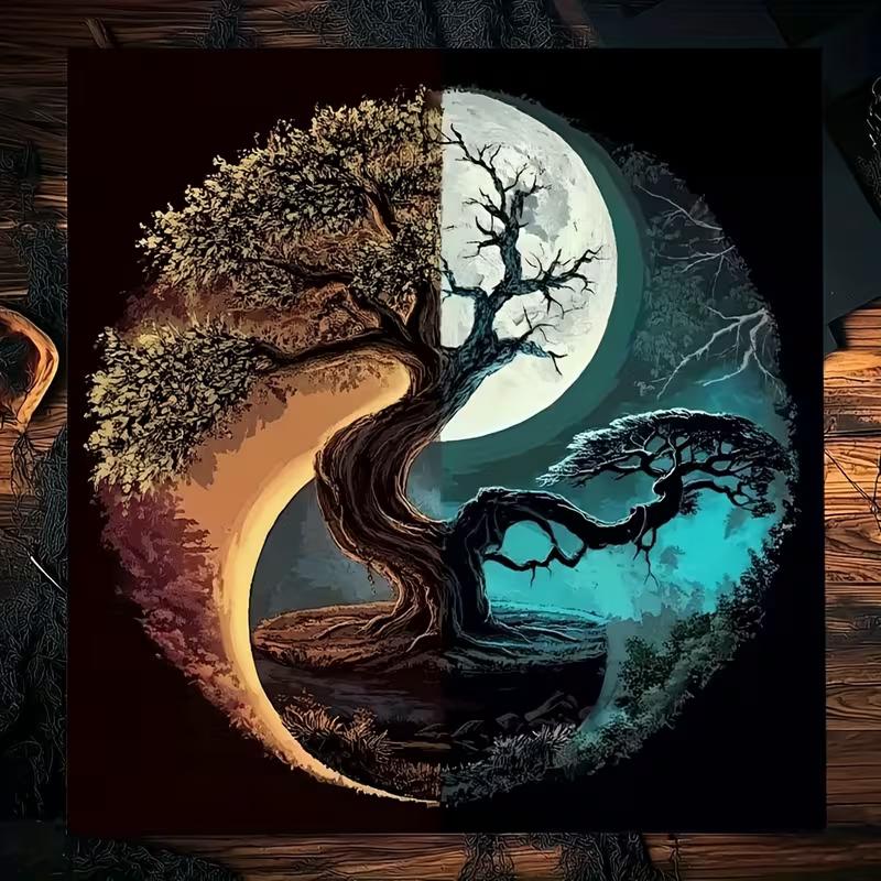 2D Boho Wall Hanging - Yin Yang Life Tree with Moonlight & Sunlight Background Cloth