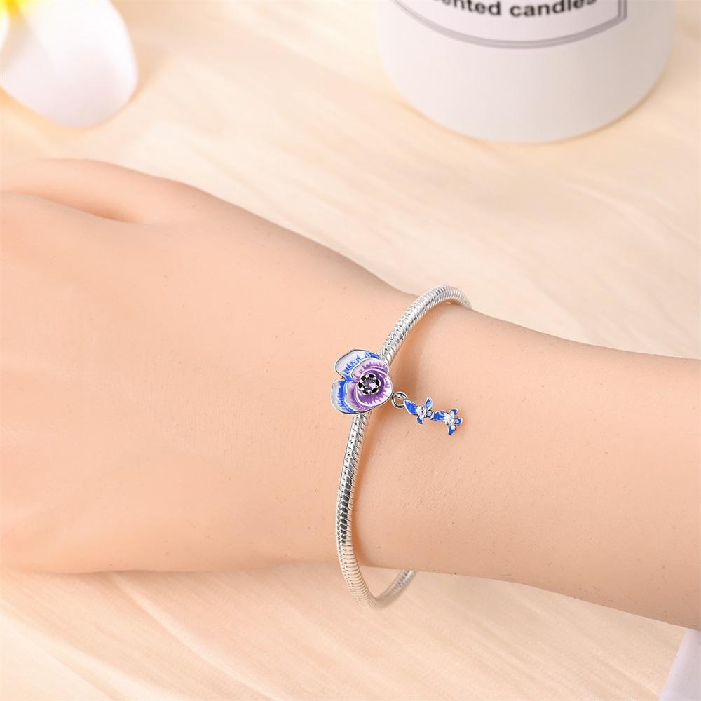 Charms Copper  Blue Purple Butterfly Flower Pendant Beads Fit Charms Plata  Original Bracelet Beads Women Jewellery Making