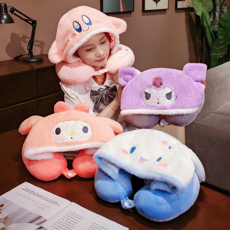 Hooded Cartoon U-Shaped Travel Neck Pillow with Hat - Gift for Girls