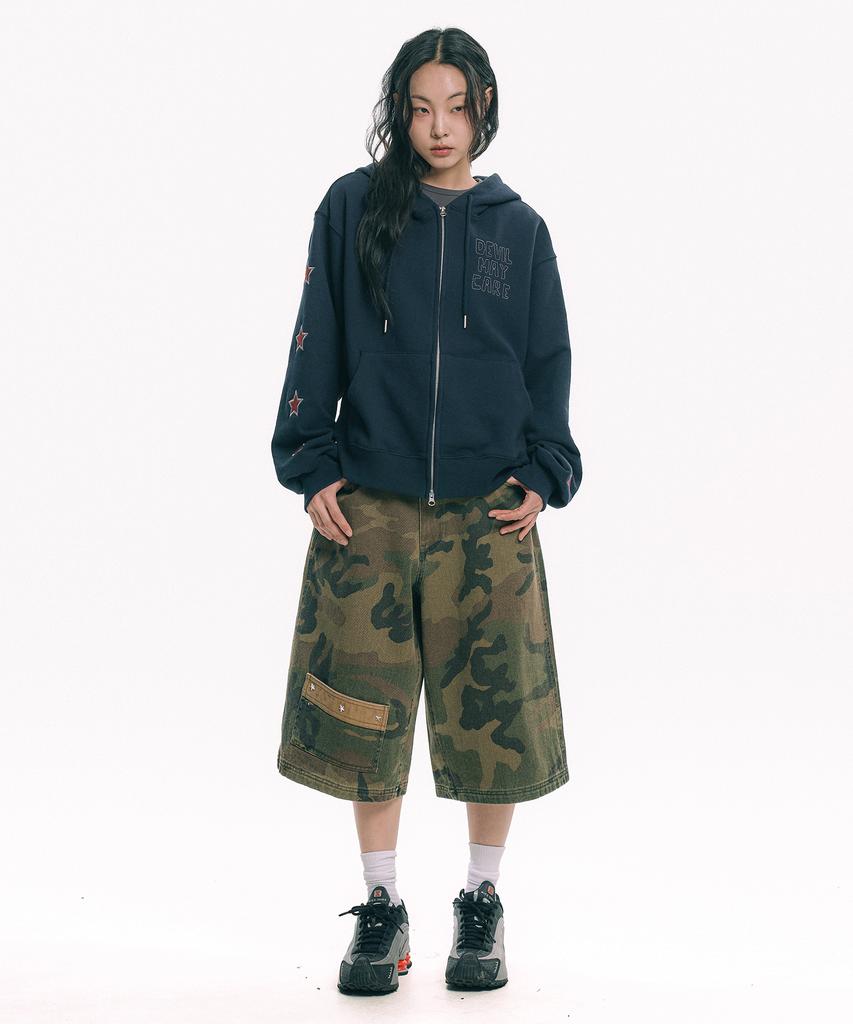 Moo Star Applique Zip-Up Hoodie - Navy