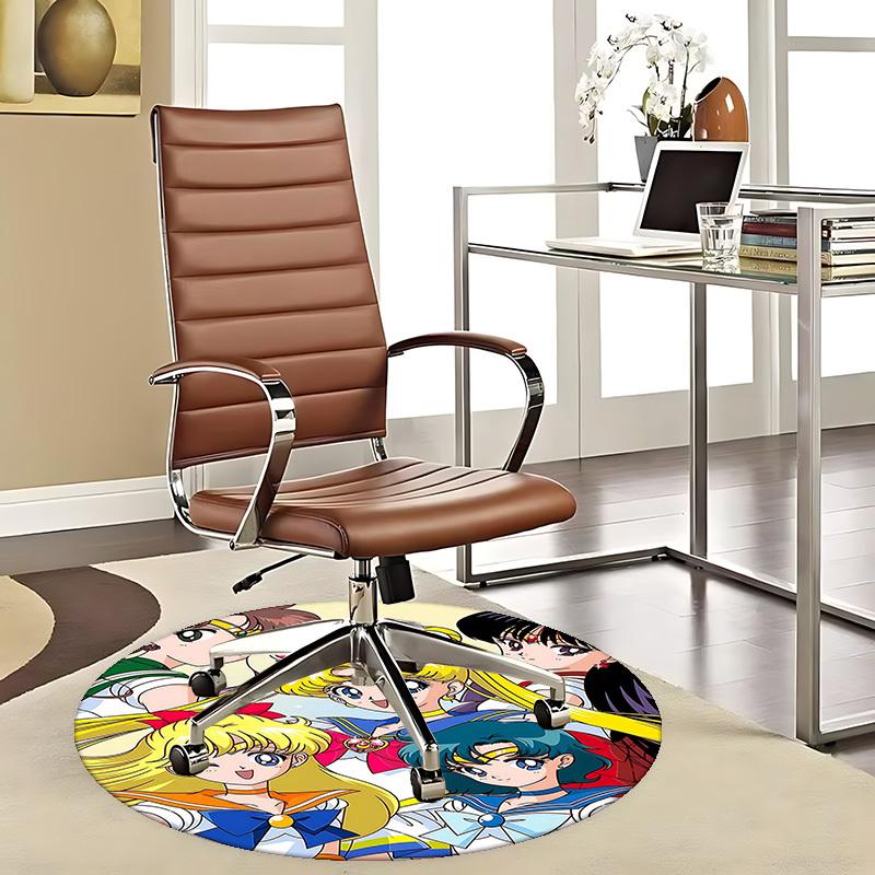 1pc Sailor Moon Anime Cartoon Design Round Carpet  Office Chair Mat, NonSlip Rug for Home Decor, Living Room, Bedroom