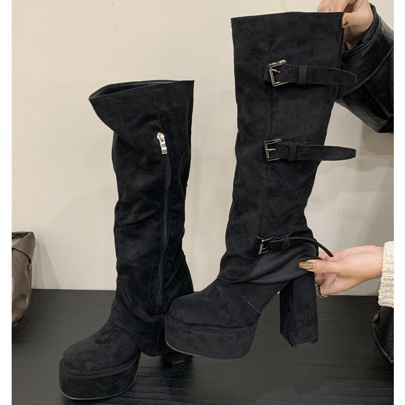 

Fashion Eilyken Vintage Platform Buckle Strap Women Knee High Boots Fashion Chunky Square Heels Zipper Ladies Shoes Zapatos De Mujer 35