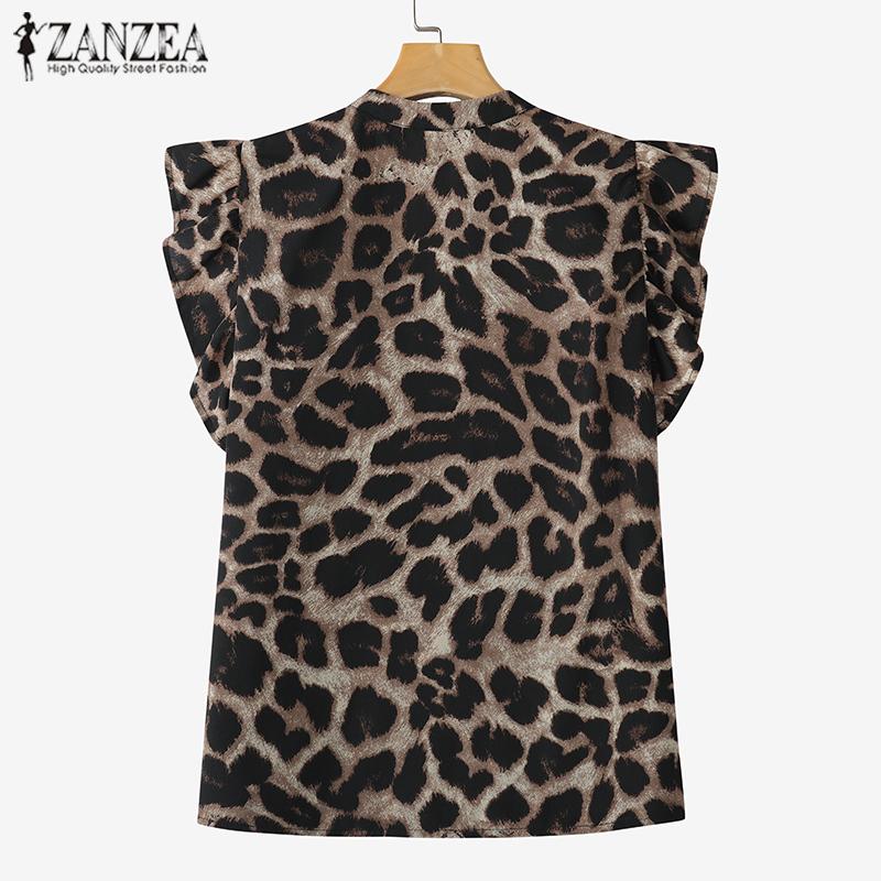 ZANZEA Womens Summer Casual Sleeveless Leopard Print Blouse