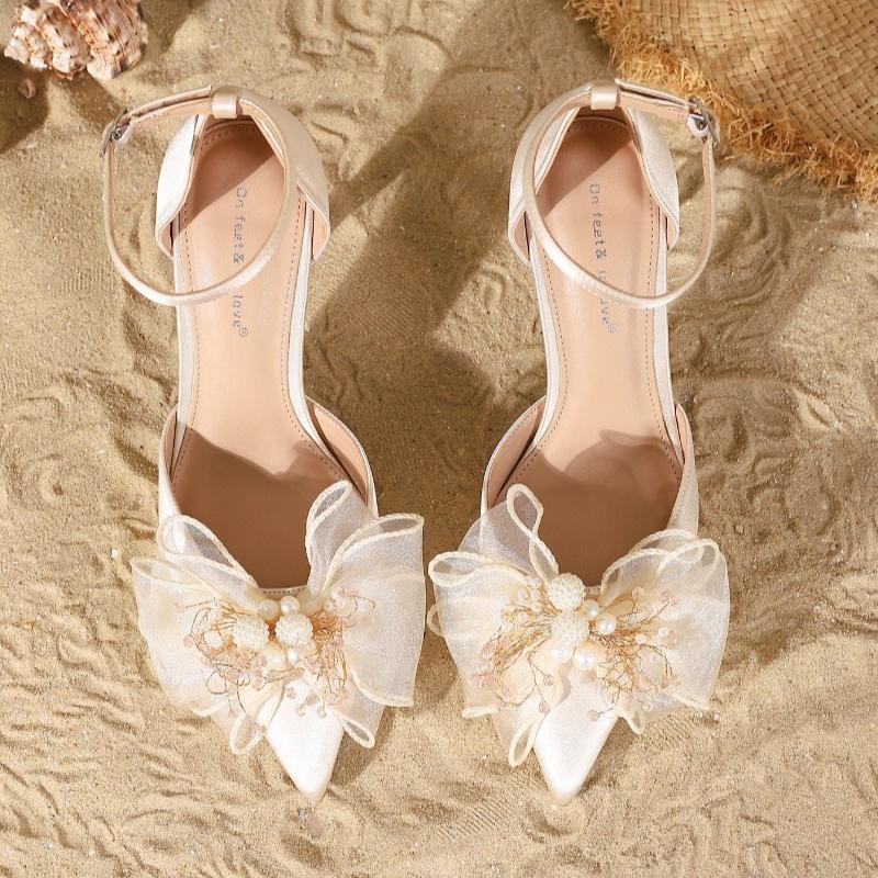 Fashion Luxury Rhinestone String Bead Decorative Brand Pumps Women Sweet Bow Ankle Buckle Designer Shoes Elegant Wedding Bridal Shoes