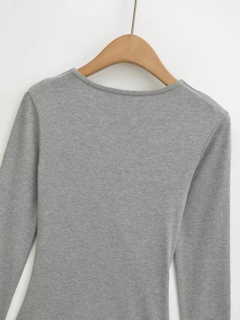 Mature Style V-neck Cross-Pleated Long-Sleeve Top for Women – Autumn/Winter Slimming Waist T-shirt