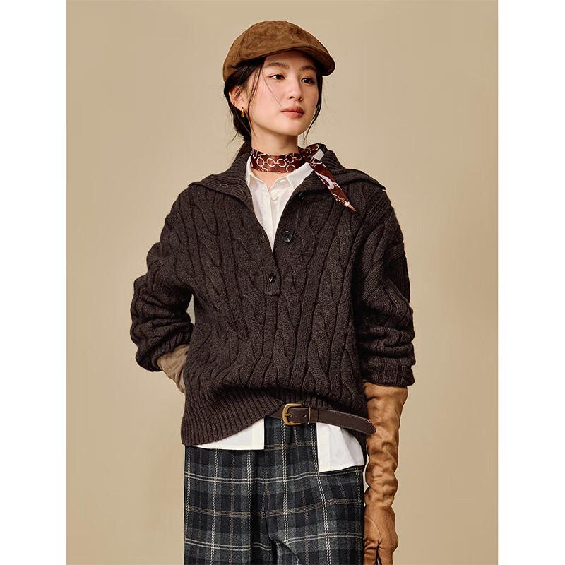 INMAN Women's Retro Maillard Cable Knit Turn-down Collar Wool Blend Sweater