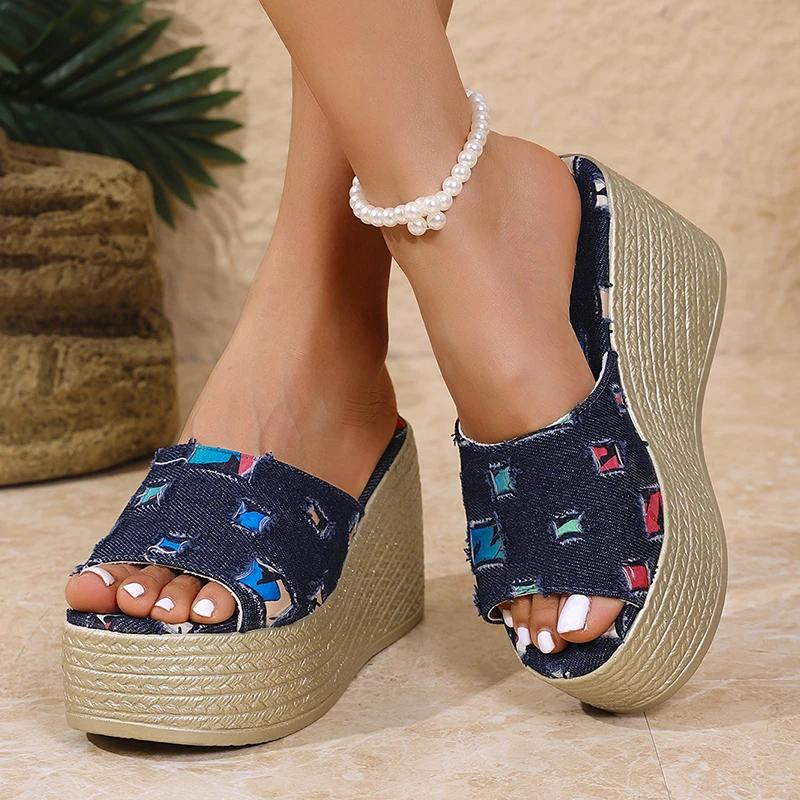 Fashion One Strap Denim Wedge Sandals Women Plus Size Fashion Slip On Platform Heels Sandals Woman Summer Thick Bottom Beach Slippers