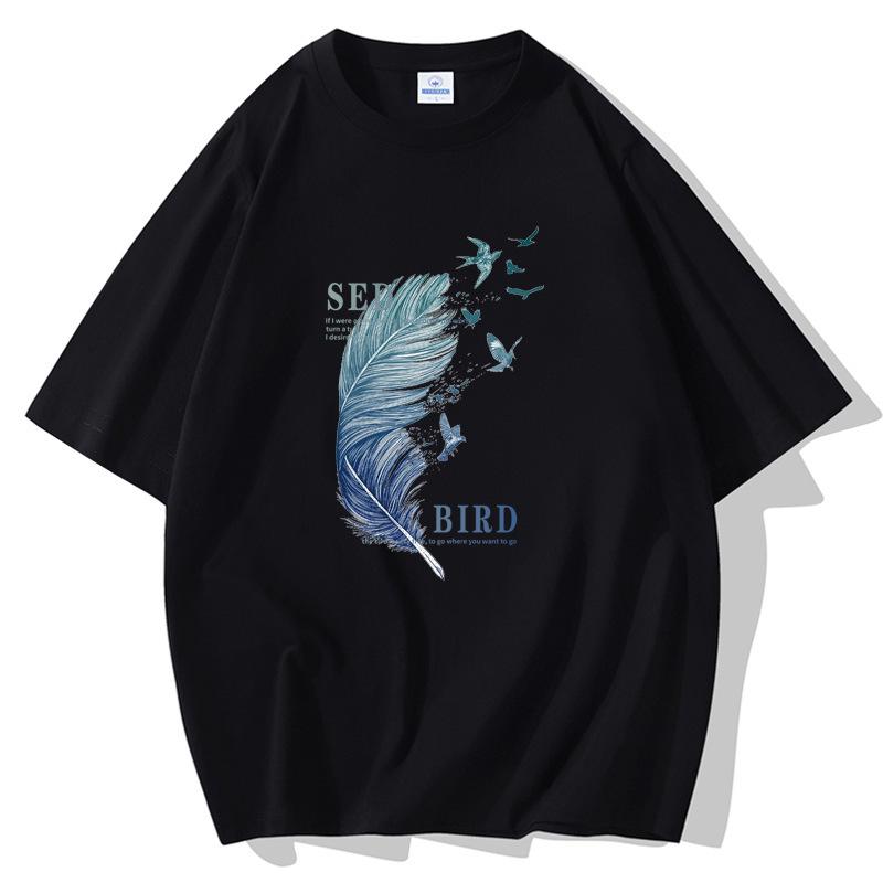 10 Colors Feather Man's Short Sleeves Loose T-shirt 100% Cotton Casual Tee Size S-5XL