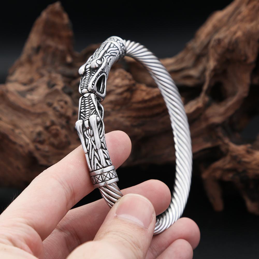 Vintage Nordic Vikings Dragon Bracelets 316L Stainless Steel Open Cuff Bangle Men Fashion Jewelry