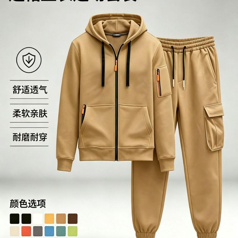 Mens Casual Tracksuit Set Solid Color Hooded Sweatshirt Multi-Pocket Zip Jogger Pants American Style Sportswear