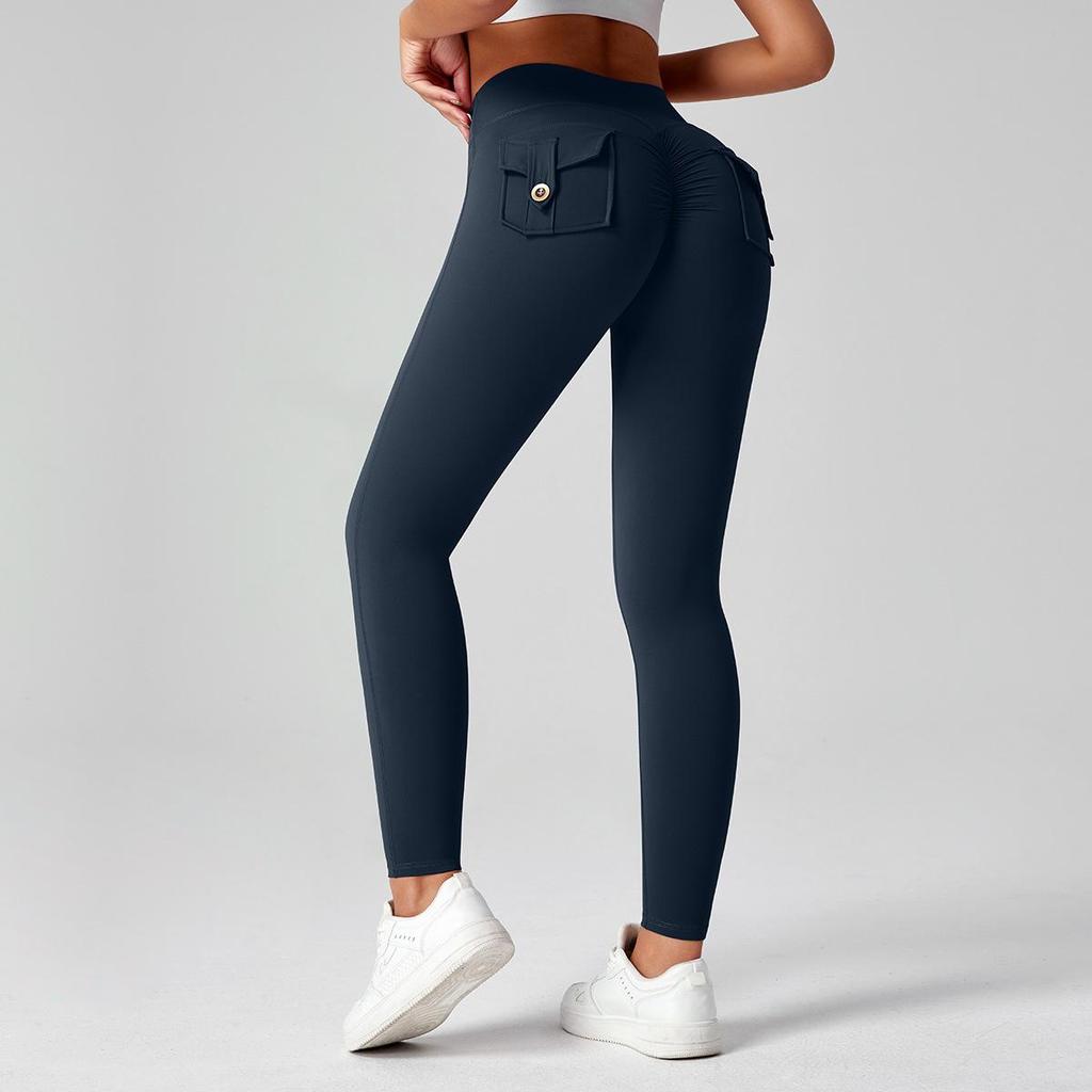 Fitness Leggings With Pocket Sports Yoga Pants Scrunch Buttons Peach Hips Workflow High Waist Running Gym Tights Women