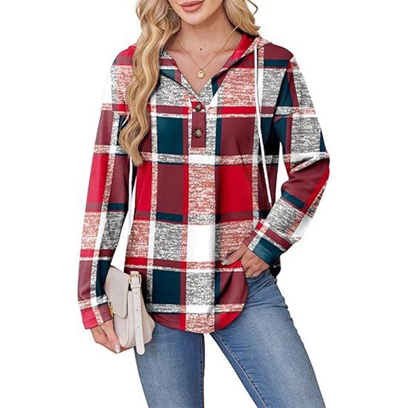 Felpa con cappuccio a quadri da donna, scollo a V, dettaglio bottoni, pullover, manica lunga, top casual