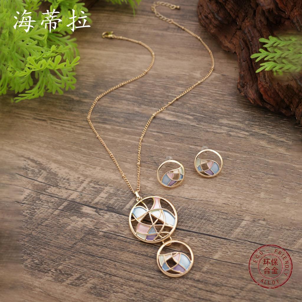 New enamel color round hollow flower stud earrings pendant set, women's fashion versatile flower necklace