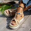 Women'S Heel Sandal Heeled Thick Soled Wedge Heeled Women'S Shoes Bohemian Hollow Colorful Decoration Outer Zapatos De Mujer
