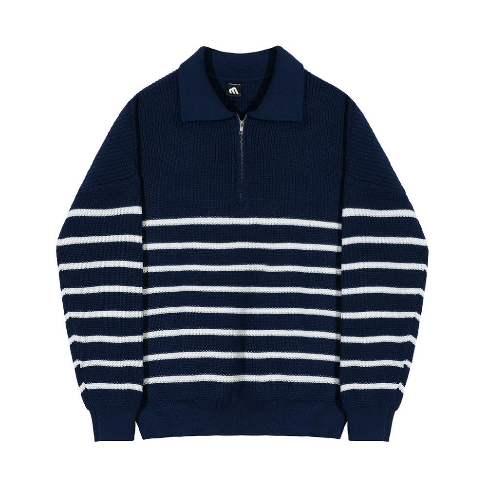 Men's Retro Striped Polo Sweater: Autumn Casual, Loose Fit, Long-Sleeve, Half-Zip Lapel Design.