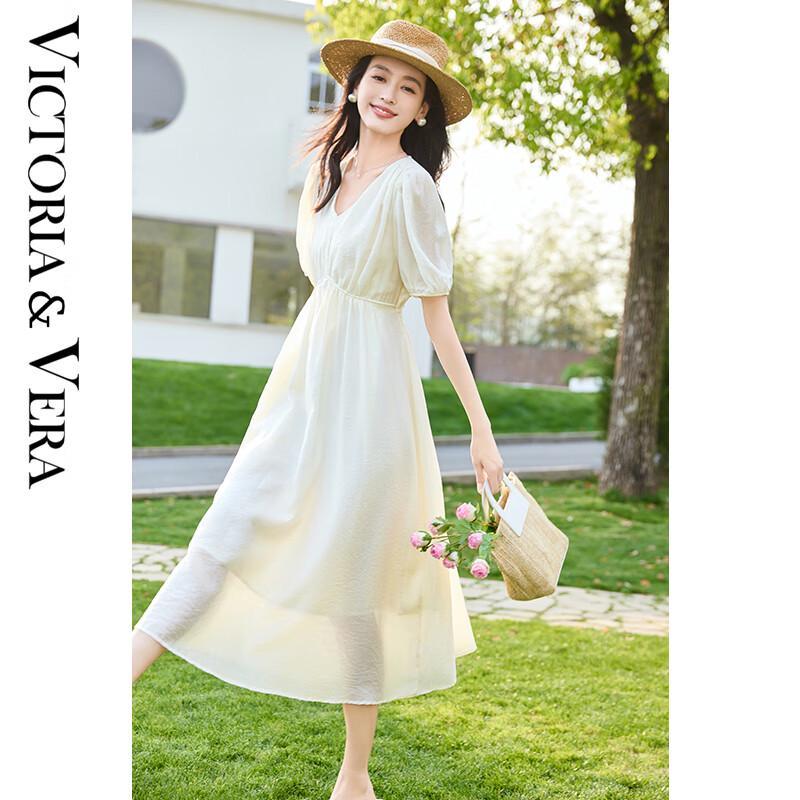 

VICTORIA&VERA Women s Resort V-Neck Puff Sleeve A-Line Midi Dress L
