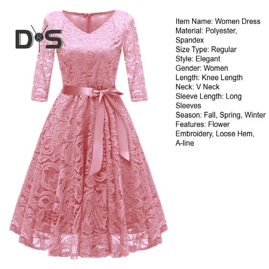 Women Prom Dress V Neck Back Zipper Bow Belt Tight Mid Waist Flower Embroidery A-line Loose Hem Long Sleeve Double Layers Elegant Party Banquet Midi