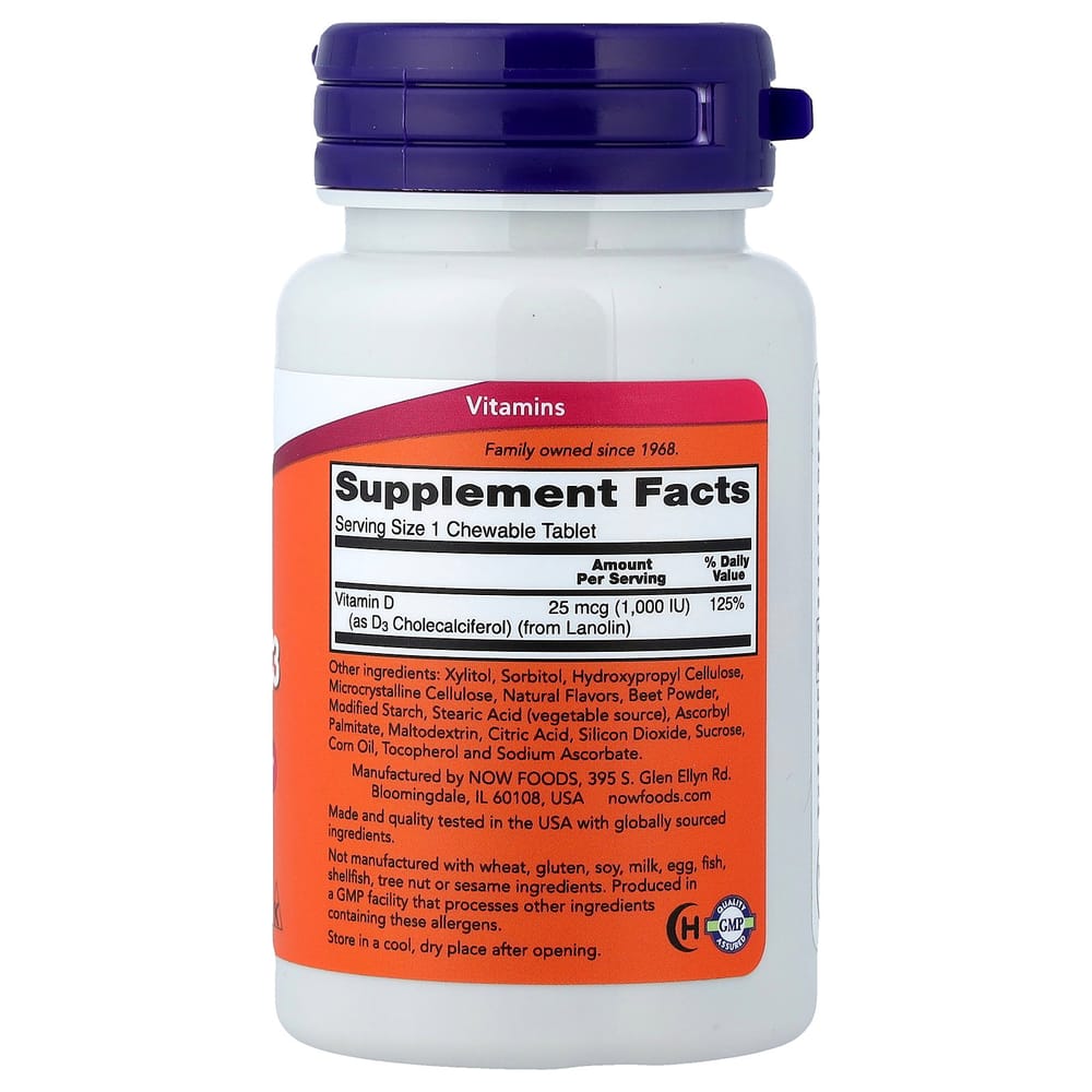 Now Foods Kau-Vitamin D-3, Fruchtgeschmack, 1000 IE, 180 Kautabletten