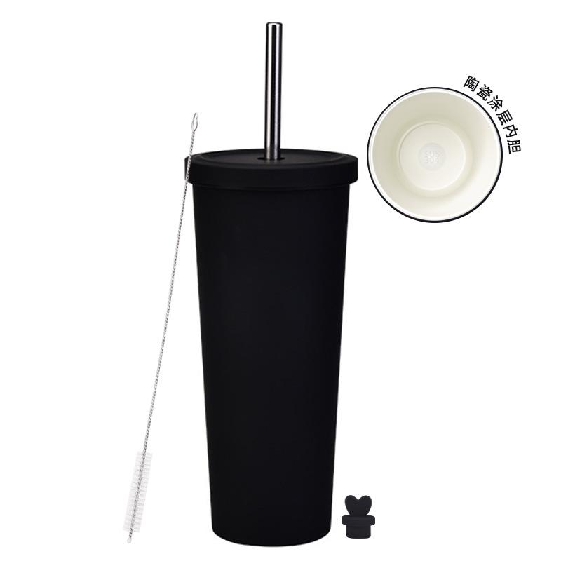 2025 Ceramic Liner Milk Tea Cup Large Capacity 830Ml Thermos Cup Stainless Steel Straw Cup