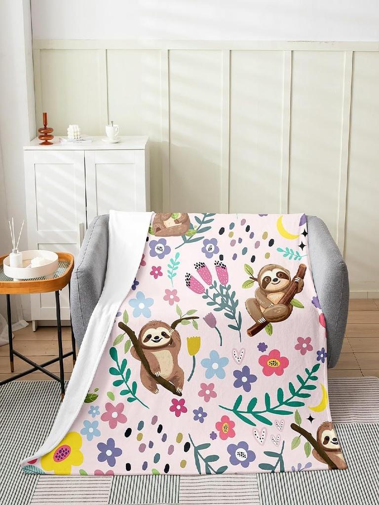 Erosebridal Floral Sloth Flannel Blanket for Kids Pink Cartoon Kawaii Sloth Throw Twin x Inch Fuzzy Garden Tulip Sofa Blanket