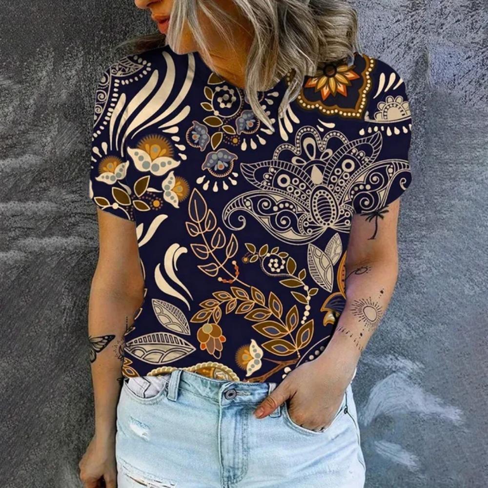 Elegant Women's T-shirt Fashion Retro Flower Pattern Print T-shirt  Women's Short Sleeved T-shirt Summer Leisure T-shirt