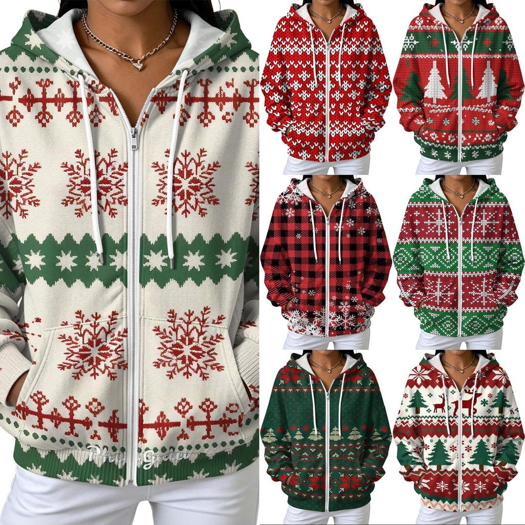 Women's Casual Loose Fit -Lined Printed Hooded Zip-Up Cardigan