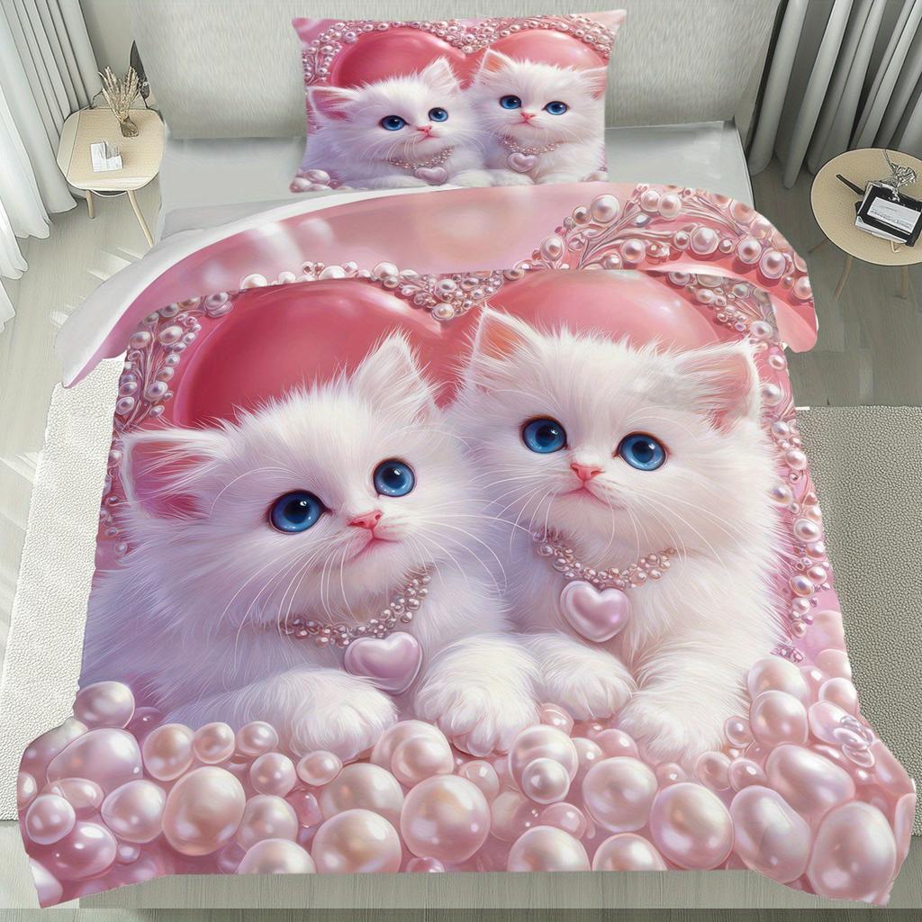 Comforter 2/3Pcs Pearl Cat Cute Cat Pattern Bedding Set Soft Comfortable Fabric Lovely Gift Idea For Cat Lovers