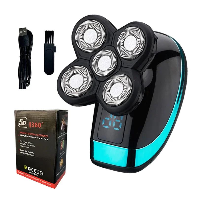 

Электробритва 5 в 1 для мужчин, машинка для стрижки волос на лысо, триммер для носа, плавающая бритвенная головка 5D, нож для бритья бороды, перезаряжаемая бритва