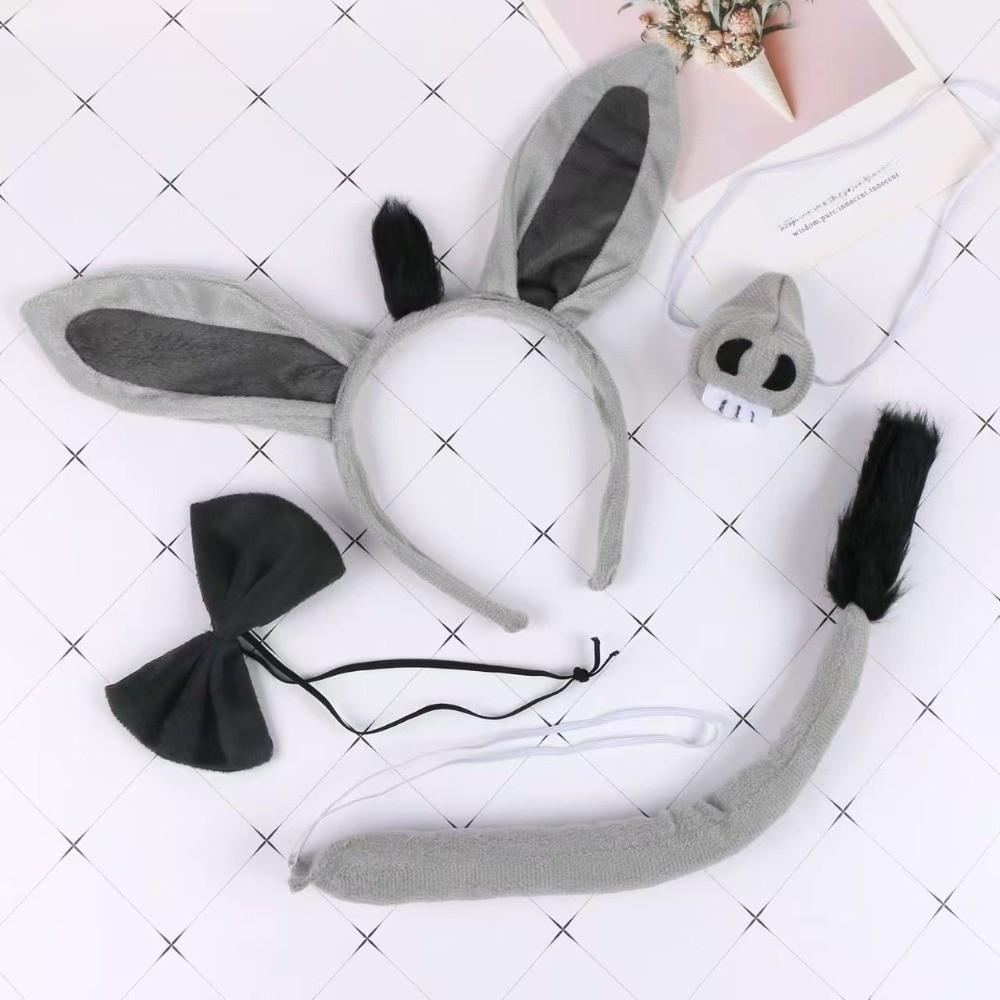 4PCS Fashion Funny Donkey Costume Set Tail Nose Animal Donkey Headband Bow Tie Donkey Ears Headband Accessory