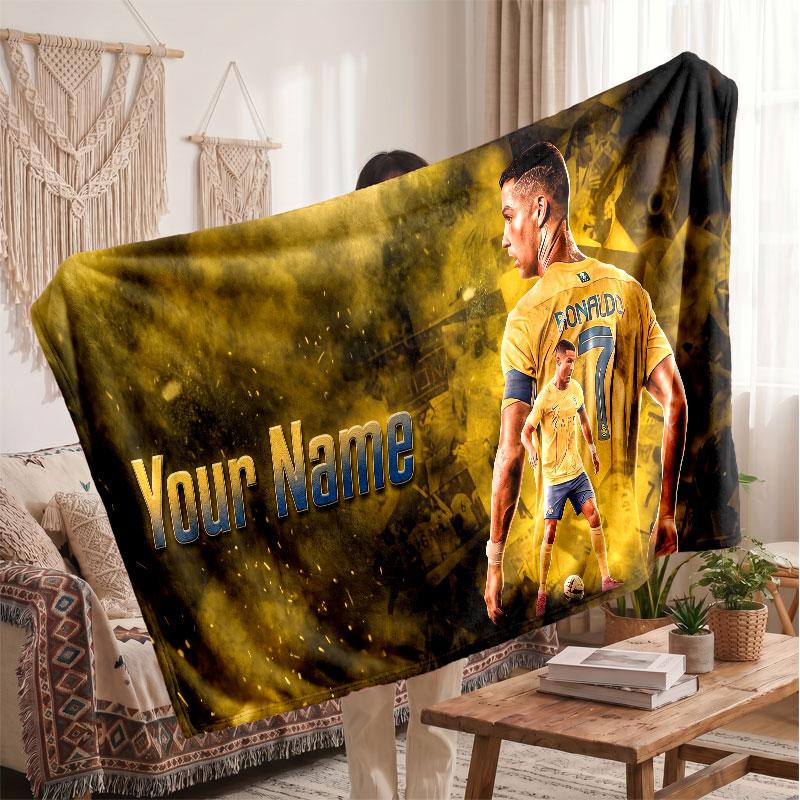 Cristiano Ronaldo Personalized Fleece Blanket With Football Logo, Custom Name Text Soft Warm Home Throw Blanket