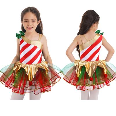 Kids Girls Elf Christmas Dress Sequin Stripes Carnival Festival Santa Cosplay Costume Ballet Leotard Tutu Dress Dancewear